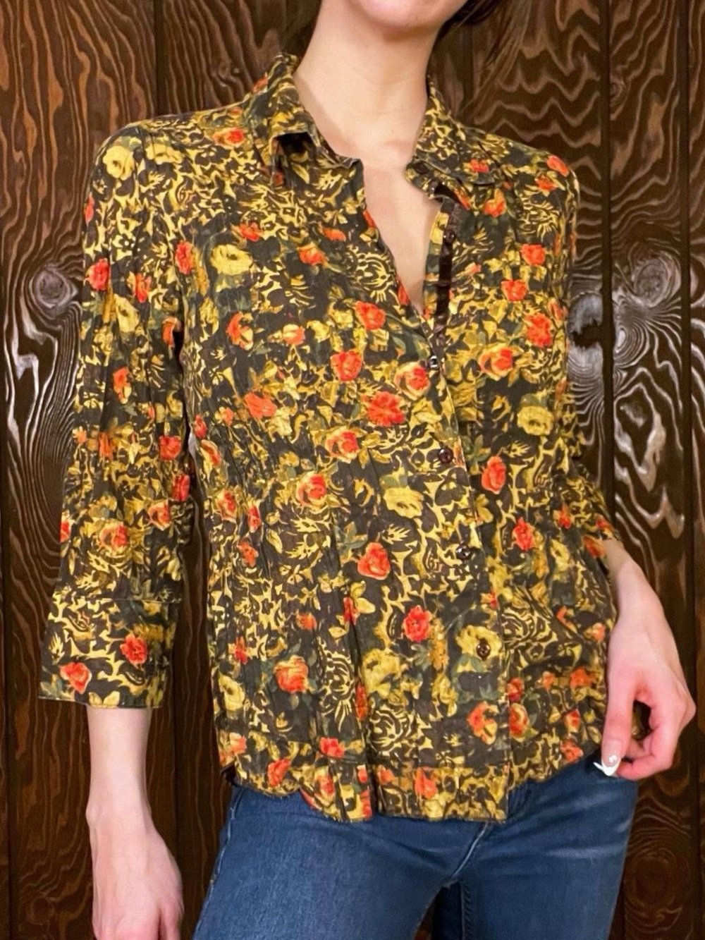 Vintage 90s brown, yellow & red floral button up blouse with 3/4 sleeves